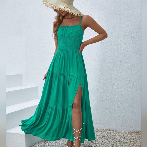 Solid Ruched Bust Split Thigh Cami Dress - Picture 2 of 5